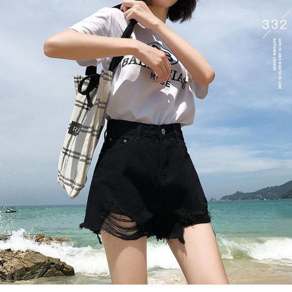 

women's jeans ladies casual denim shorts 2021 korean hole female students loose thin wild high waist summer pants, Blue