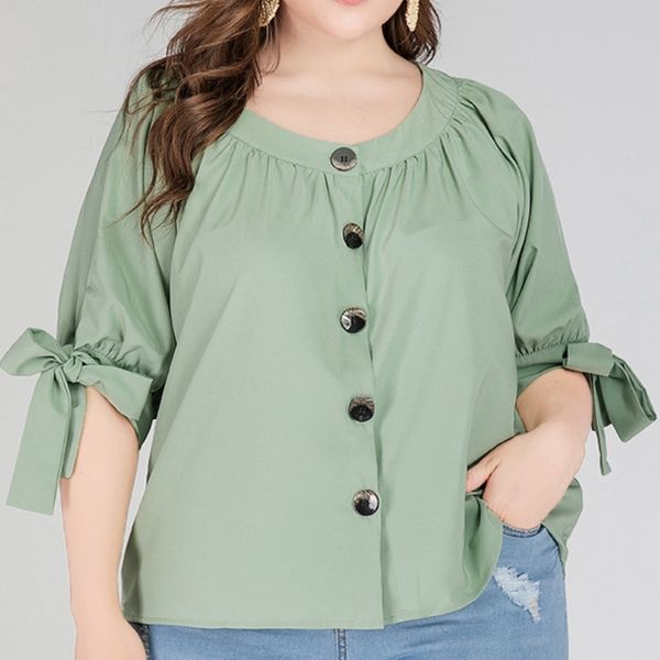 V pescoço blusa manga curta mulheres verão moda tops solto casual escritório desgaste camisas botão para cima plus tamanho 4xl com bowtie 210527