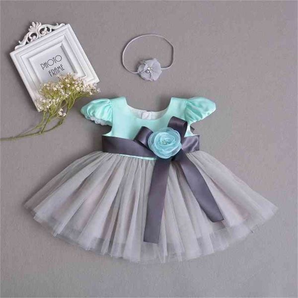 Einzelhandel Baby Mädchen Taufkleid Erster Geburtstag Taufe Blau Grau Prinzessin Kleid + Stirnband + Oberbekleidung E650 210610