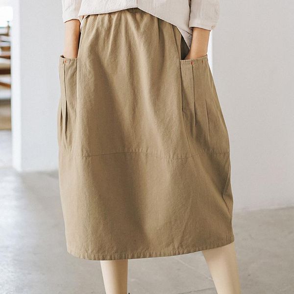 

skirts 2021 high waist women summer cotton midi length skirt saia elastic a-line with pocket faldas jupe femme, Black