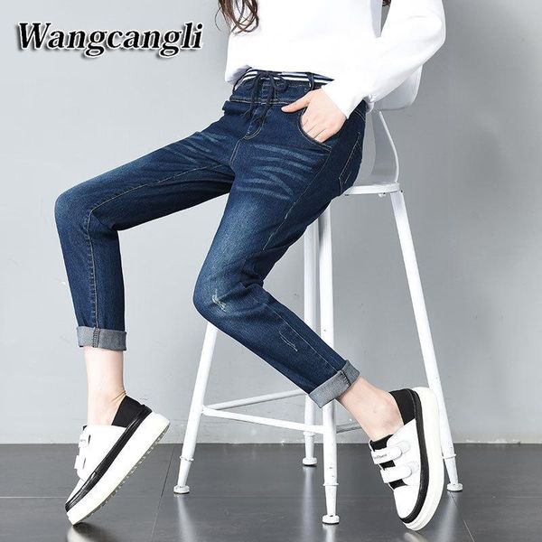 

women's jeans fashion autumn large size denim trousers to increase the thin elastic cowboy pants, Blue