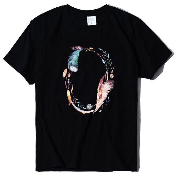 

summer multicolor feather print cotton short sve pullover women's t-shirt, White