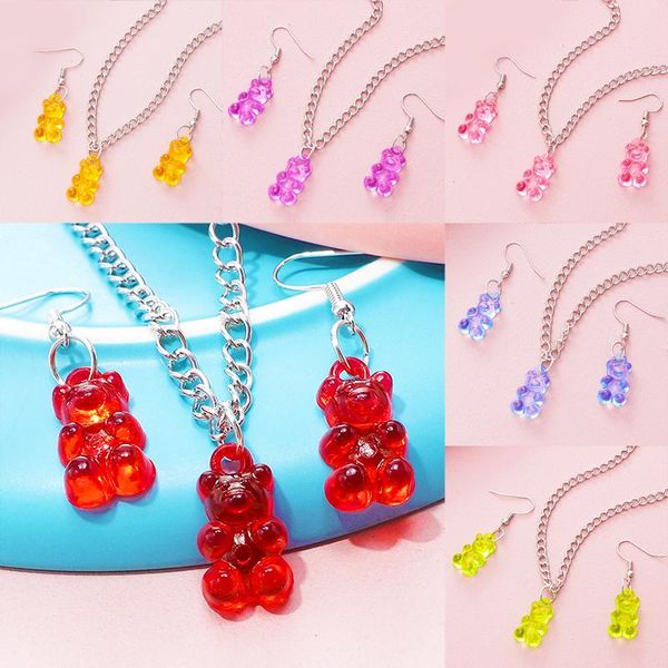 

earrings & necklace fashion cute korea creative candy color jewelry bear transparent wild temperament girl set, Silver