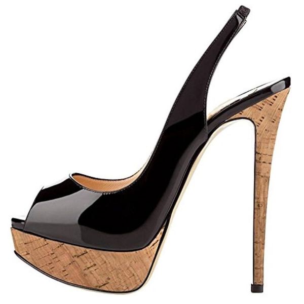

lanlojer high heels party pumps heel platform wedding patent leather,14.5 cm -heeled peep toe sandals.size:34-45 sandals, Black