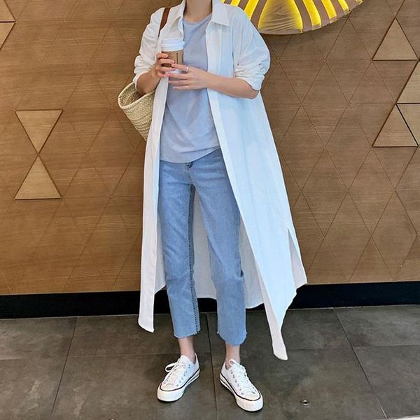 

women's trench coats fairynatural ladies sun protection 2021 spring summer solid color loose slits women long shirt single breasted, Tan;black