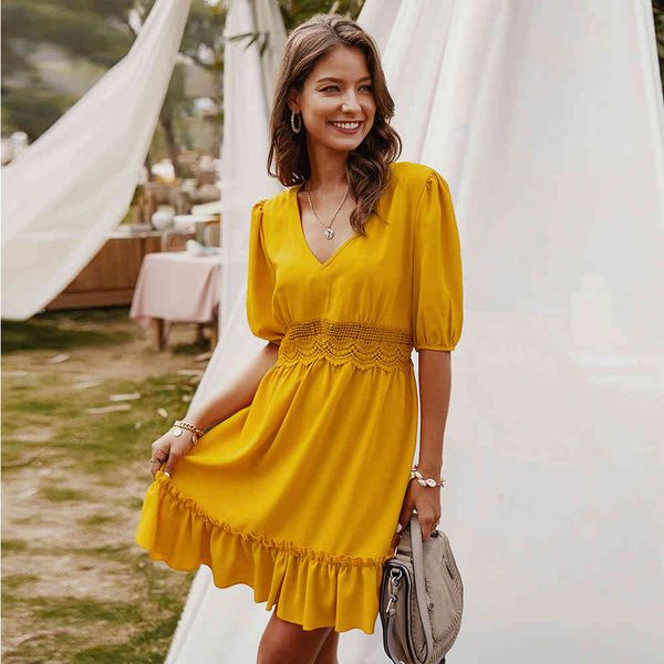 

elegant solid half sleeve summer women a-line office lady v-neck high waist knee-length dress, Black;gray