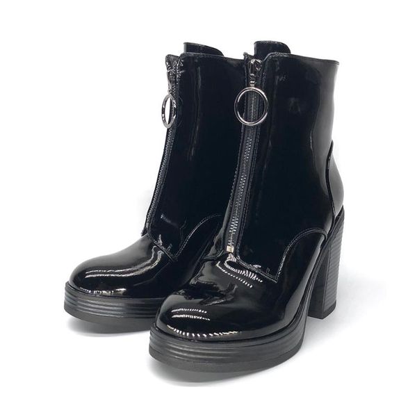 

boots chunky block heel women high shiny shoes, Black
