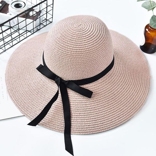 

wide brim hats women floppy beach sun foldable cap straw hat summer ladies big rim bow gorras para mujer, Blue;gray