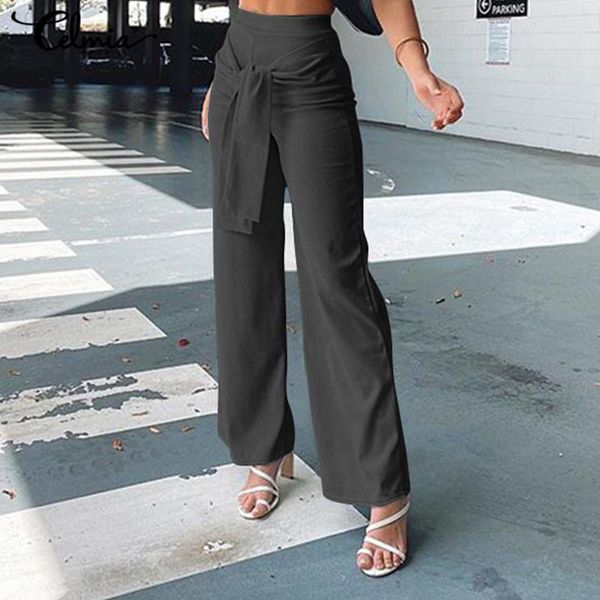 

women's pants & capris celmia women wide leg belted fashion 2021 elegant elastic high wasit casual loose office long trousers streetwea, Black;white