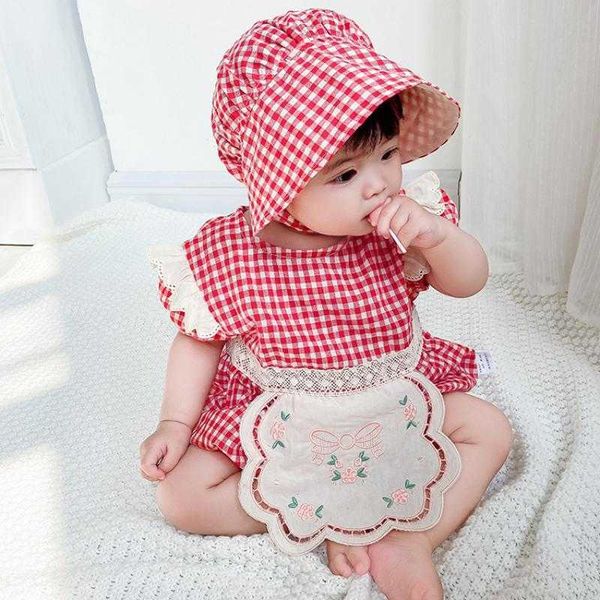 Kleinkind Mädchen Stickerei Strampler Overall Twin Outfits Sommer geboren 1. Geburtstag Taufe Body mit Hut 210615