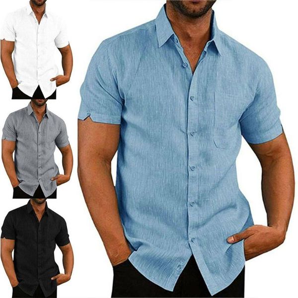 

men short sleeve shirts formal casual loose fit shirt dress baggy buttons summer solid pure tee men's, White;black