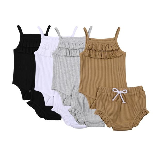 

baby solid color basic classic clothes set, girls sleeveless square collar sling bodysuit +shorts with ruffles summer 2021 clothing sets, White