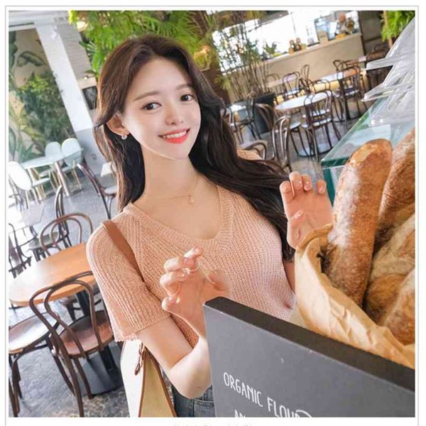 

casual women's summer v-neck sweet girl lightweight short sleeve t-shirt knitwear elegant temperament 210520, White