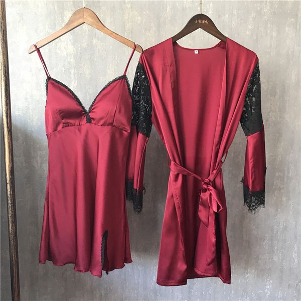 

casual dresses lisacmvpnel spring pattern ice silk pajamas 2 paper set woman long sleeve lace camisole robe suit cngj, Black;gray