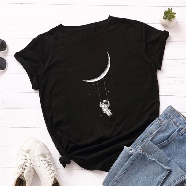 

women's t-shirt plus size s-5xl shirt moon astronaut print casual women 100%cotton o neck short sleeve summer t black clothing, White