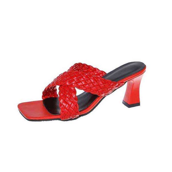 

slippers women s open square toe weaved design solid color faddish high heel comfy all match 220304, Black