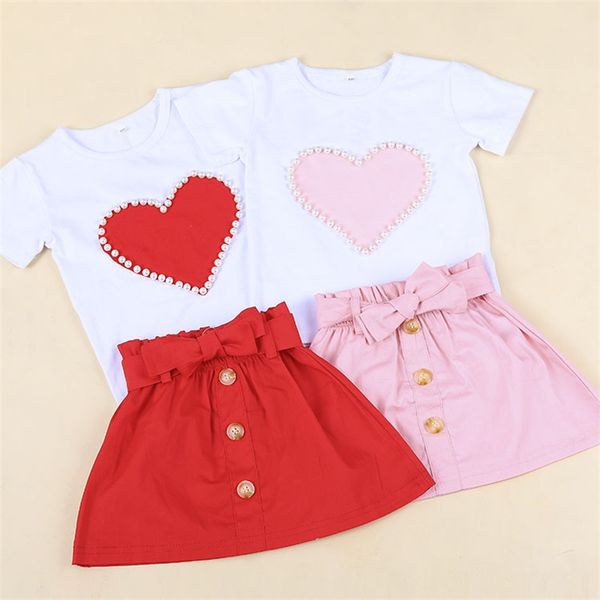 Humor Bear 2021 Baby Summer Abbigliamento Abbigliamento infantile Bambino Valentine Vestiti Perle Pearle Cuore Top Shirt Gonna 2PCS Set Toddler Girl Outfit 2439 V2