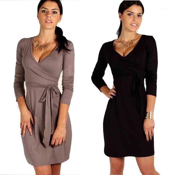 

casual dresses women clothing 2021 autumn fashion long sleeve v-neck bodycon dress elegant office with belt, Black;gray
