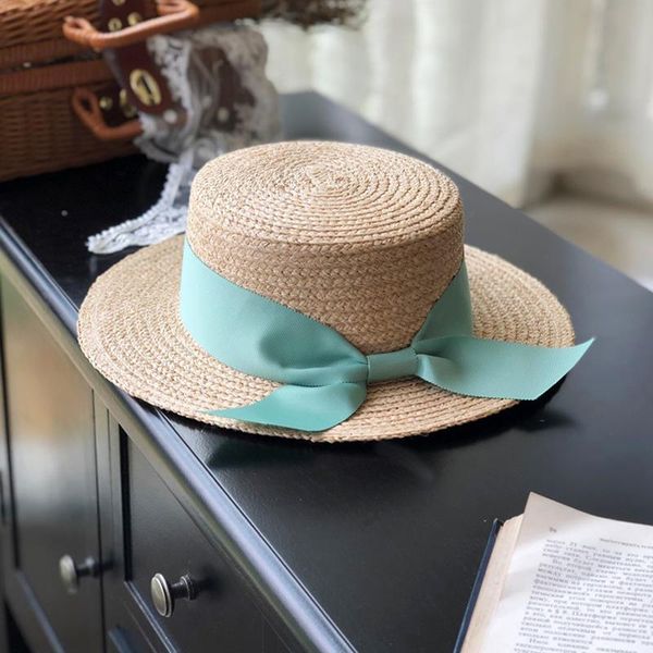 

wide brim hats designer handmade women raffia straw hat summer beach uv cut green pink bow ribbon nature color cap burrs flat girls outdoor, Blue;gray