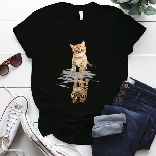 

cat & tiger print aesthetic graphic t shirts summer clothes for ladies short sleeve around neck plus size 3xl woman tshirts women's t-, White