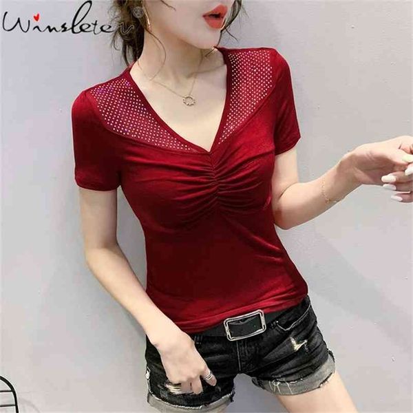 

summer european clothes t-shirt fashion v-neck drape shiny diamonds women short sleeve all match tees t13804a 210421, White
