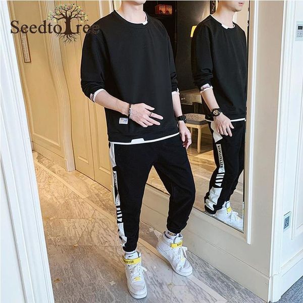 

men's tracksuits casual suit long sleeve round neck sweatshirt elastic waist cropped trousers sweatpants sets, Gray