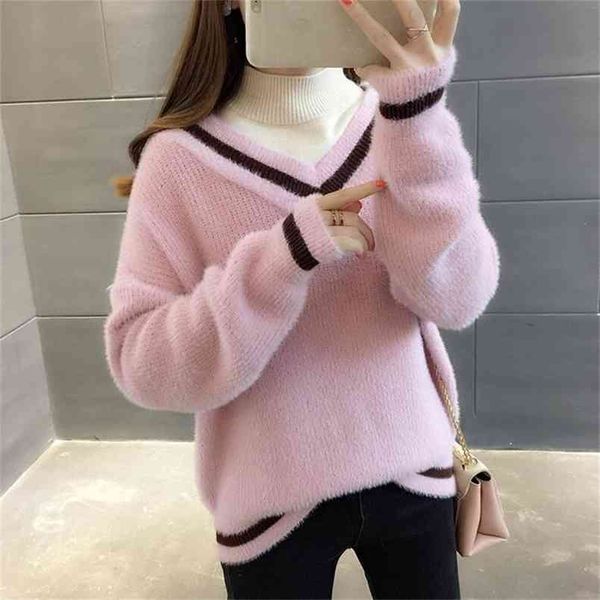 

sweater thickening female winter set short paragraph half-high collar autumn dress loose bottoming 210427, White;black