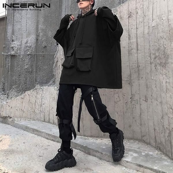 

men's hoodies & sweatshirts incerun 2021 long sleeved leisure solid color fashion korean style hooded loose tooling wind cloak sweater, Black