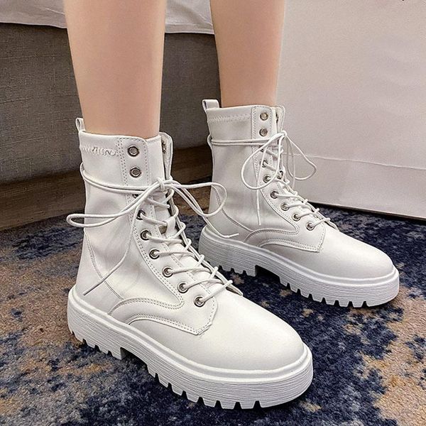 

boots lace-up platform ankle classic low heel breathable side zipper round toe 2021 korean casual, Black