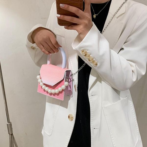 

waist bags 2021 stylish shoulder for women pearls rainbow gradient tote handbag luxury wild girls small square messenger bag