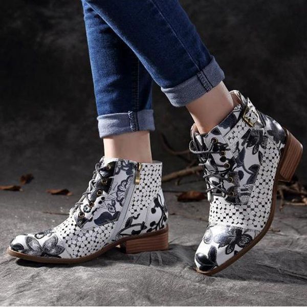 

boots flower women vintage low heel plus size colorful ankle winter autumn square platform zip short shoes 7ciq, Black