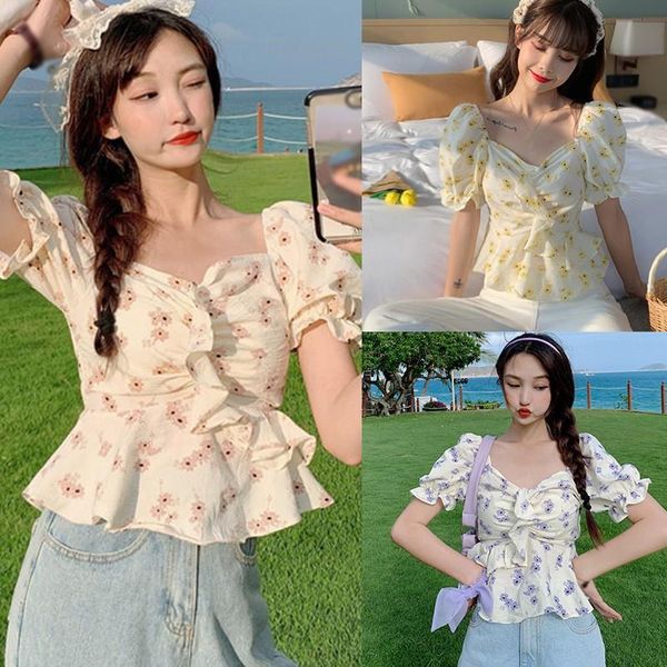 

women's blouses & shirts women's floral print square collar sweet short sleeve, White