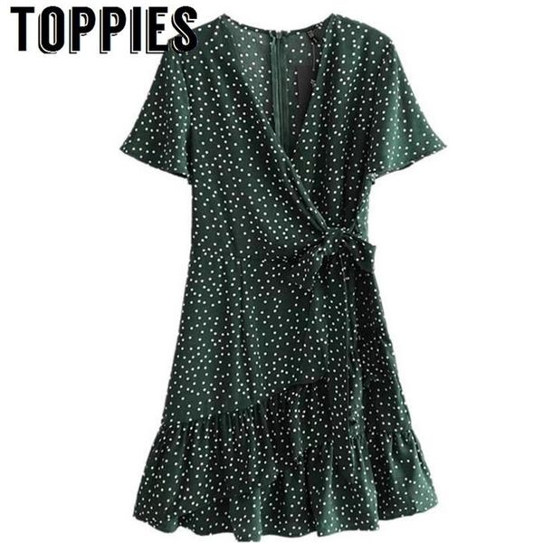 

women summer dark green polka dots mini dress retro vintage ruffles wrap 210421, Black;gray