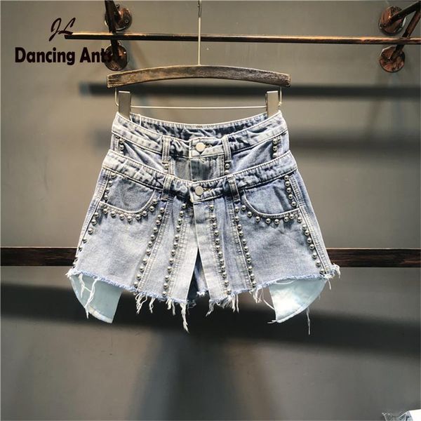 

woman loose wide-leg high waist jeans skirt shorts solid vintage embroidered flares office lady asymmetrical denim women's, White;black