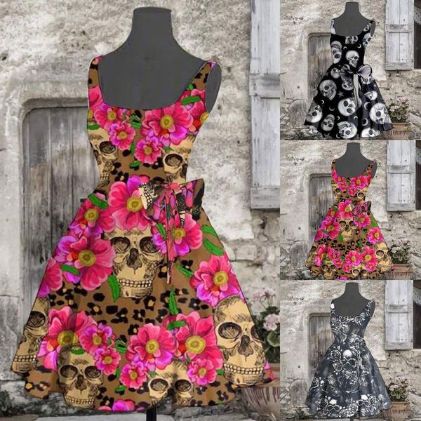 

casual dresses 2021 fashion flower pattern women print round neck sleeveless halloween zipper dress mini knee, Black;gray