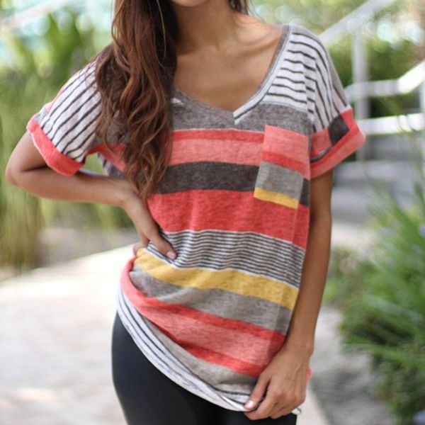 

women's t-shirt febelle fashion summer v-neck casual short sleeve big stripe elegant tees 5xl size clothing, White