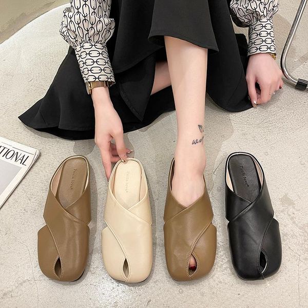 

slippers shoes woman 2021 shallow low casual cover toe fretwork heels pantofle luxury flat soft rubber pu slides l, Black