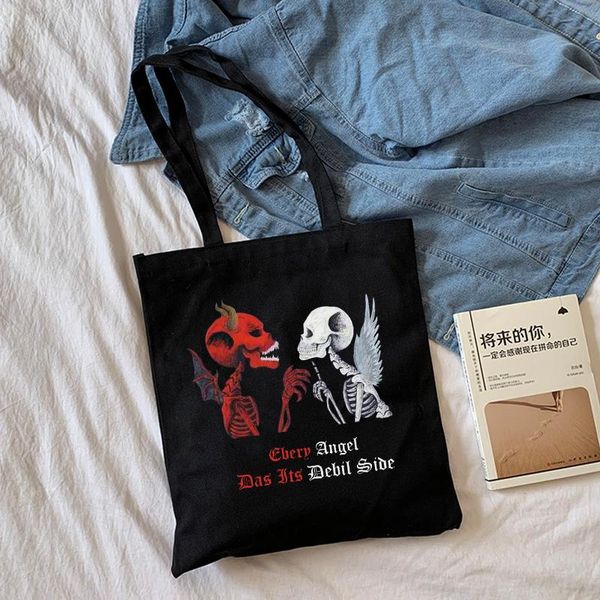 

evening bags womengothic skull black cotton canvas shopper bag girl harajuku 90s y2k classic vintage shoulder handbag female bolsa compra