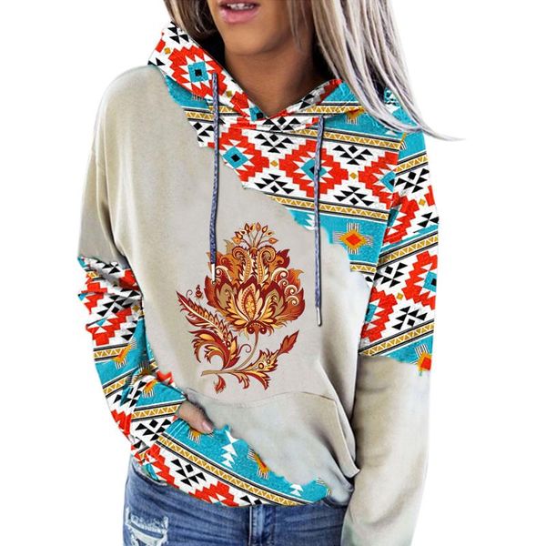 

women's hoodies & sweatshirts ethnic print women loose casual hooded autumn winter patchwork pullovers drawstring warm, Black