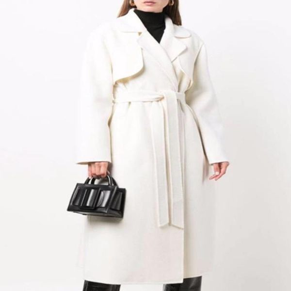 

women's wool & blends autumn winter fashion lapel fake two-piece cashmere coat wome long white belted x-long overcoat, Black