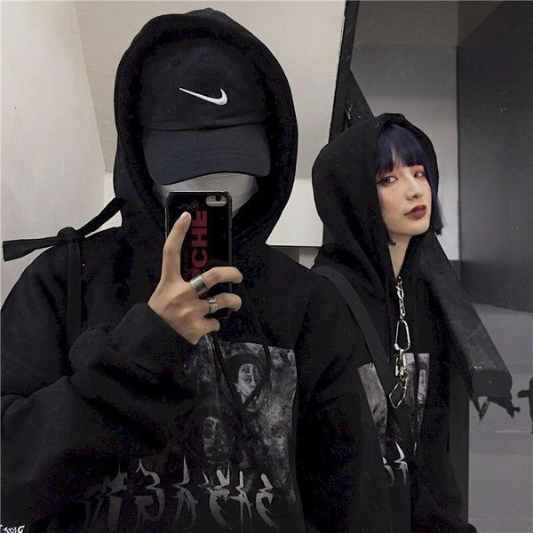 

women's hoodies & sweatshirts dark hooded autumn and winter couples ins graffiti printing loose wild hedging plus velvet jacket men wom, Black