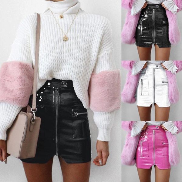 

skirts women's high waist skirt slimming slim zipper slit pocket leather belt bag hip nightclub female, Black