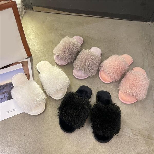 

slippers women winter shoes for woman home faux fur flat heel plush size 36-41, Black