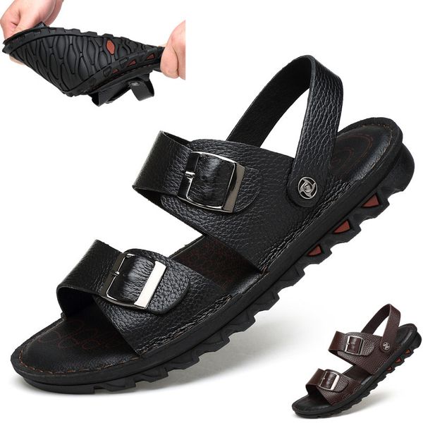 

men's summer beach men sandals causal shoes genuine leather fashion outdoor footwear 37-47 7v64, Black