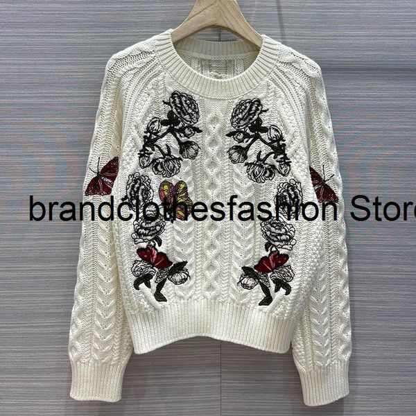 

women's sweaters embroidery floral butterfly fashion knit 100% wool sweater women braid thread pullover lady 2021 autumn winter, White;black
