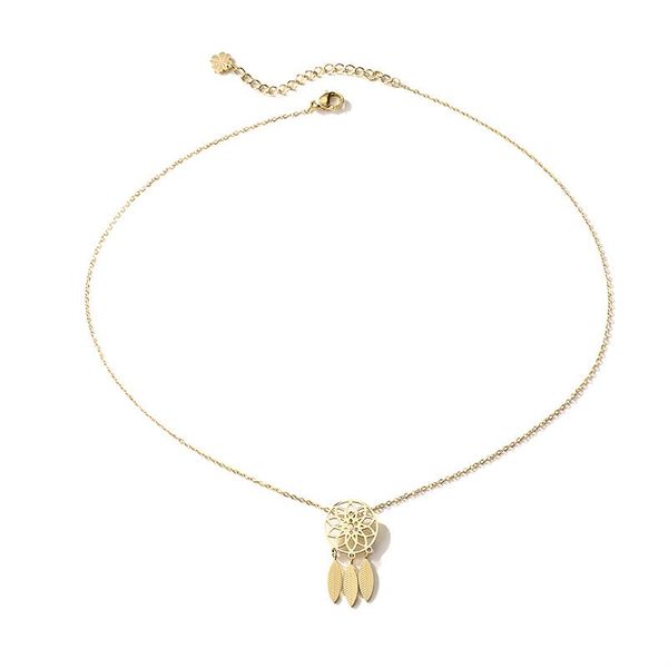 

pendant necklaces unique design bohemian style dream catcher titanium steel gold-plated hollow pattern feather necklace, Silver