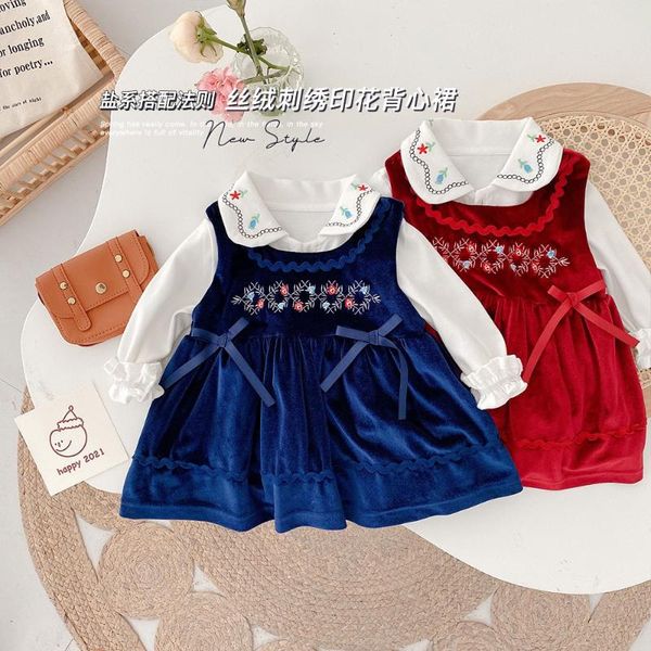 

girl's dresses female baby velvet embroidery full sleeve solid shirts off shoulder knee-length dress bow sling clothes kids children 3m, Red;yellow