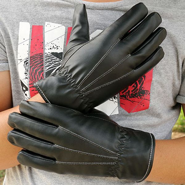 

touch screen men' triple rib autumn and winter warm pu plush fashion imitation leather gloves, Blue;gray
