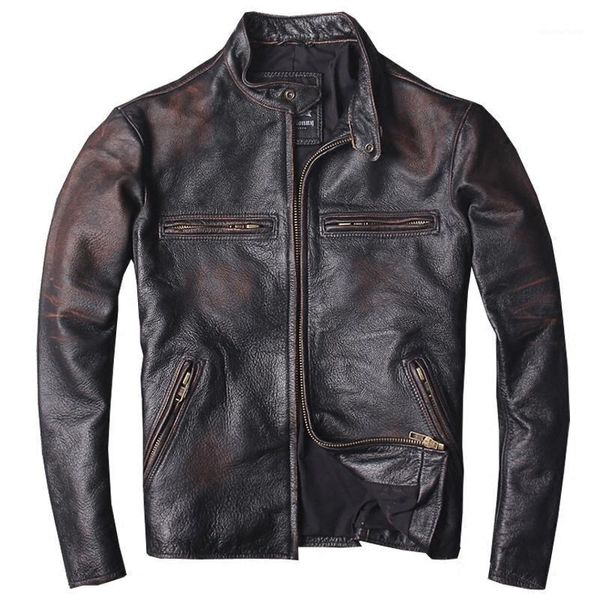 

men's leather & faux 2021 vintage men slim fit biker's jacket plus size 6xl genuine cowhide spring russian short coat, Black