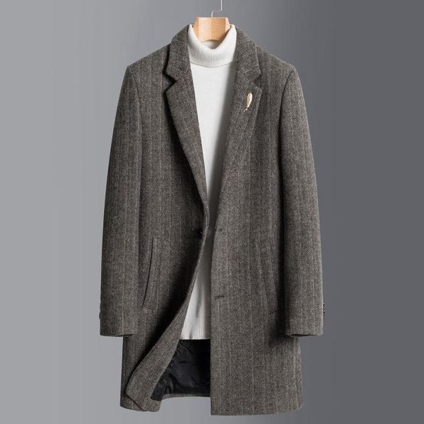 

men's wool & blends 2021 autumn winter men thick warm coat turn-down collar male fashion blend outwear jacket casual overcoats d422, Black